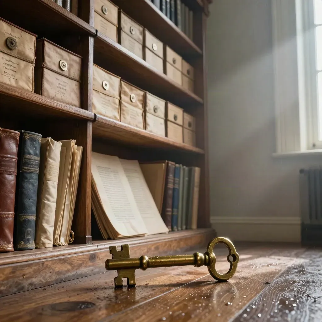 Rain-damp trust archive room with brass keys, deed boxes and linen folders on stone.