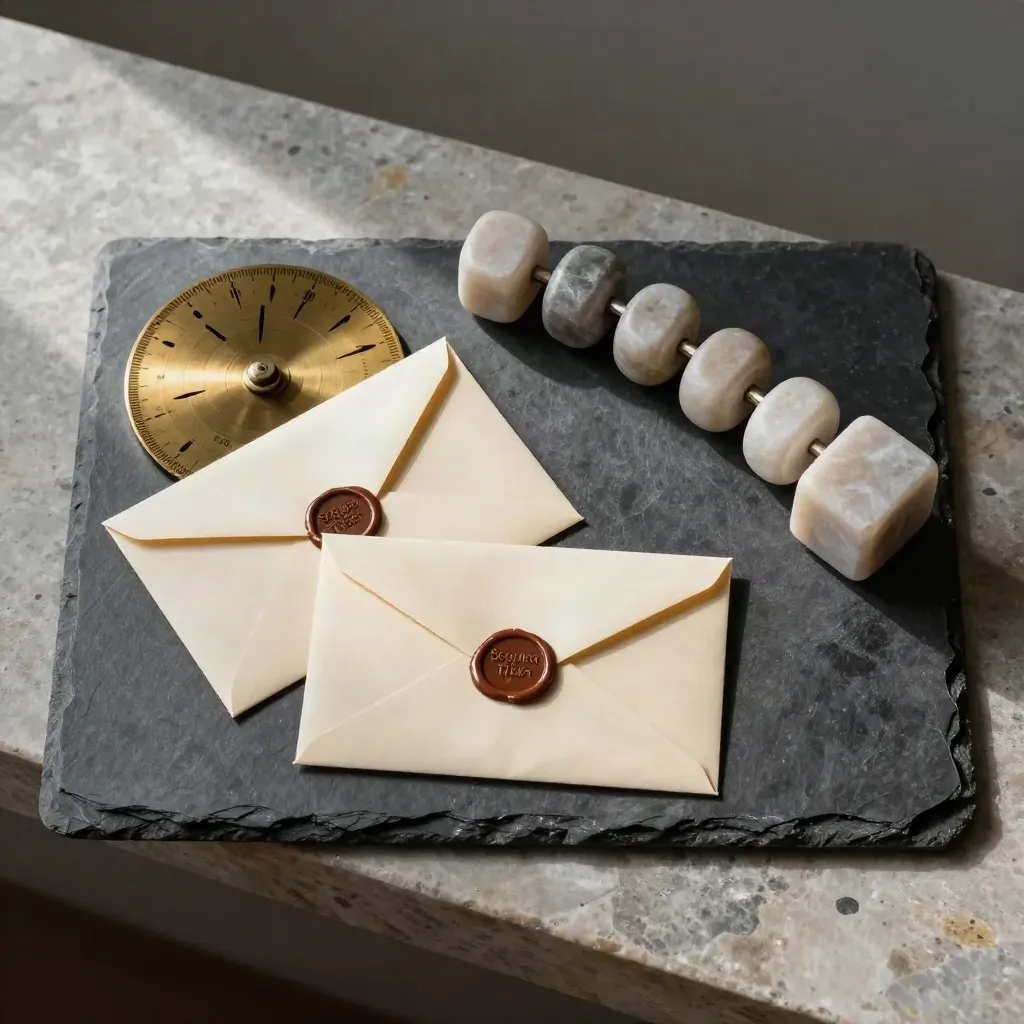 Slate tray with sealed envelopes, brass calendar wheel and stone weight in moody light