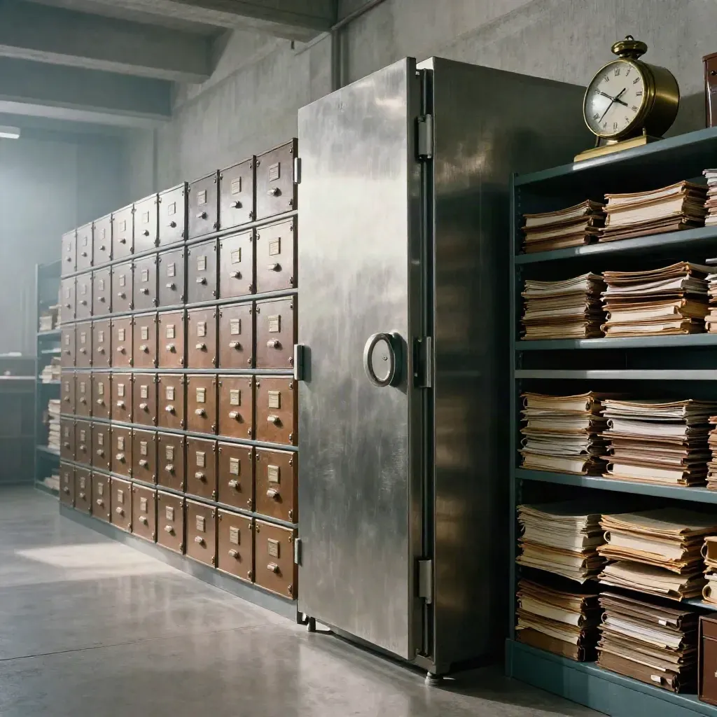 Industrial trust archive with ledger boxes, safe, brass clock and transfer folders in moody haze.