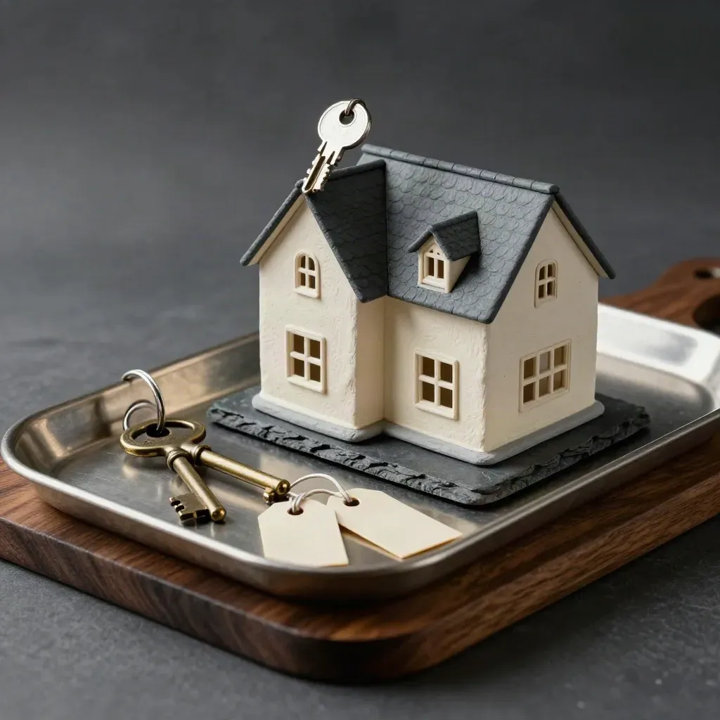 Miniature house, keys and cream tags on a brushed metal tray in a dramatic studio still life.