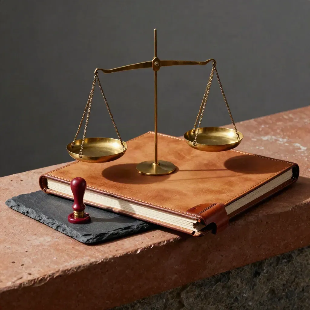 Brass balance weights, leather folio, and wax seal arranged on slate in soft daylight.