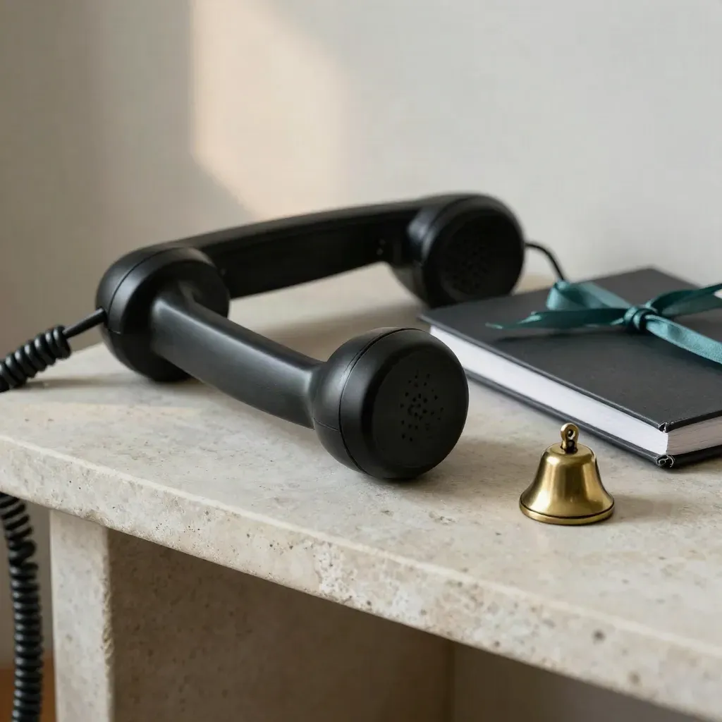 Black phone receiver, brass bell and closed notebook on stone, softly lit for an Initial Call step.