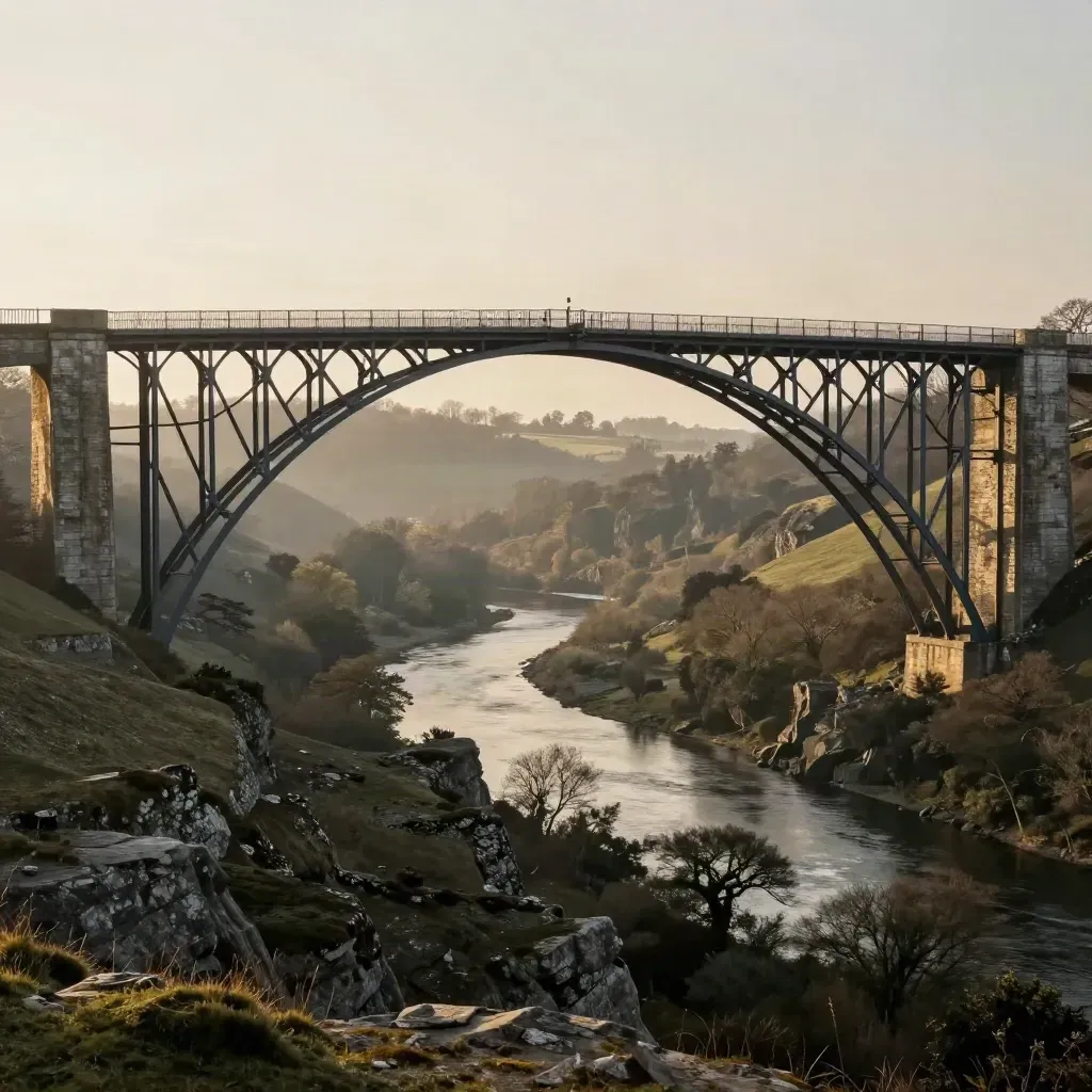 Iron Bridge over the Severn gorge in warm haze, wide calm valley vista.
